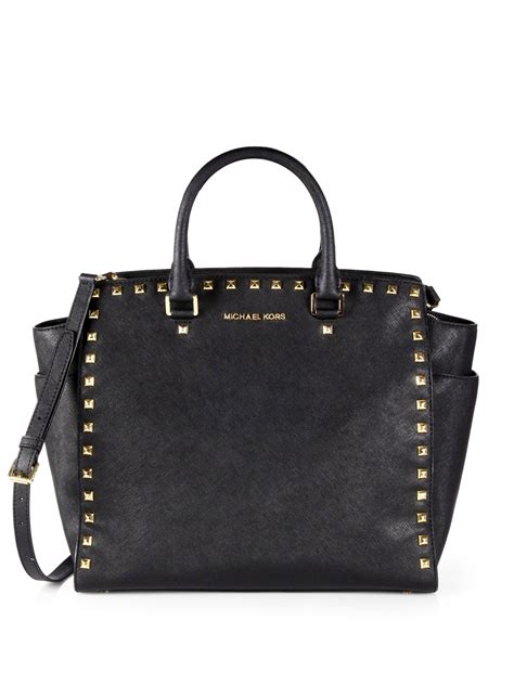 michael kors shiny black tote|Michael Kors black studded handbag.